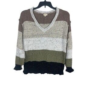 POL Chunky Knit V-Neck Sweater S Colorblock Stripe Brown Green Slouchy Earthy